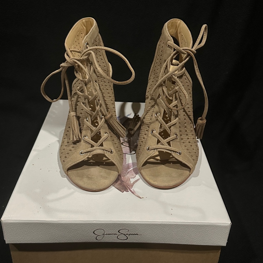 Jessica Simpson Beige Lace-Up Peep Toe Booties